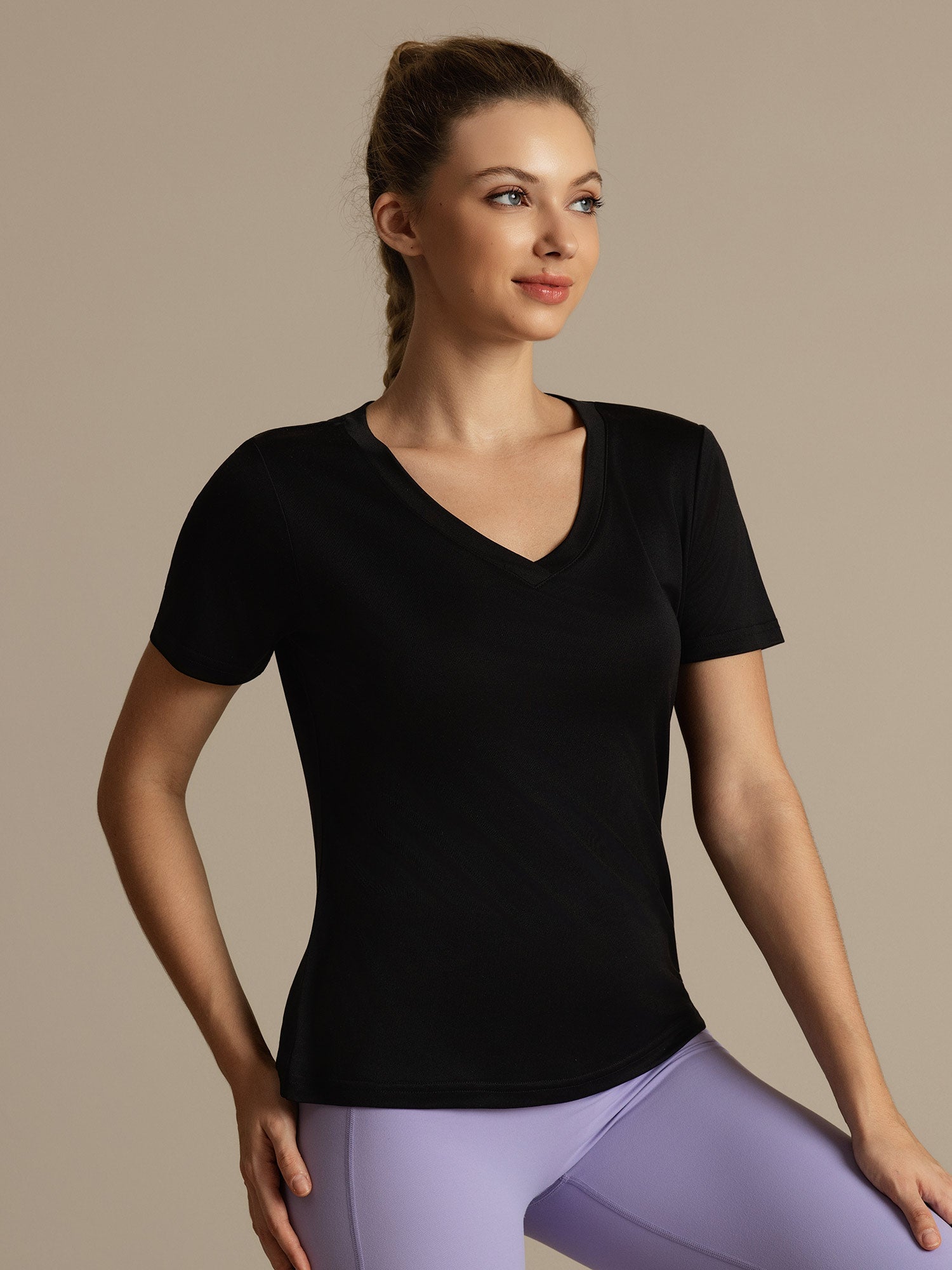 [Black] SilkSilky-CA 100% High-Twist Silk Jersey Short Sleeve V Neck Women's T-Shirt 003
