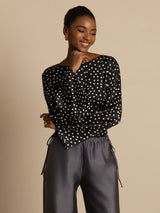 [Polka Dot] SilkSilky-CA 19Momme Silk Bell Sleeve Round Neck Blouse 003