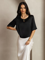 [Black] SilkSilky-CA Half Sleeve Scoop Neck Women's T-Shirt 003