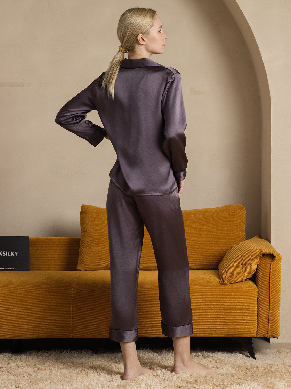 SilkSilky-CA Pure Silk Long Sleeve Lapel Women's Pajamas PurpleGray 002