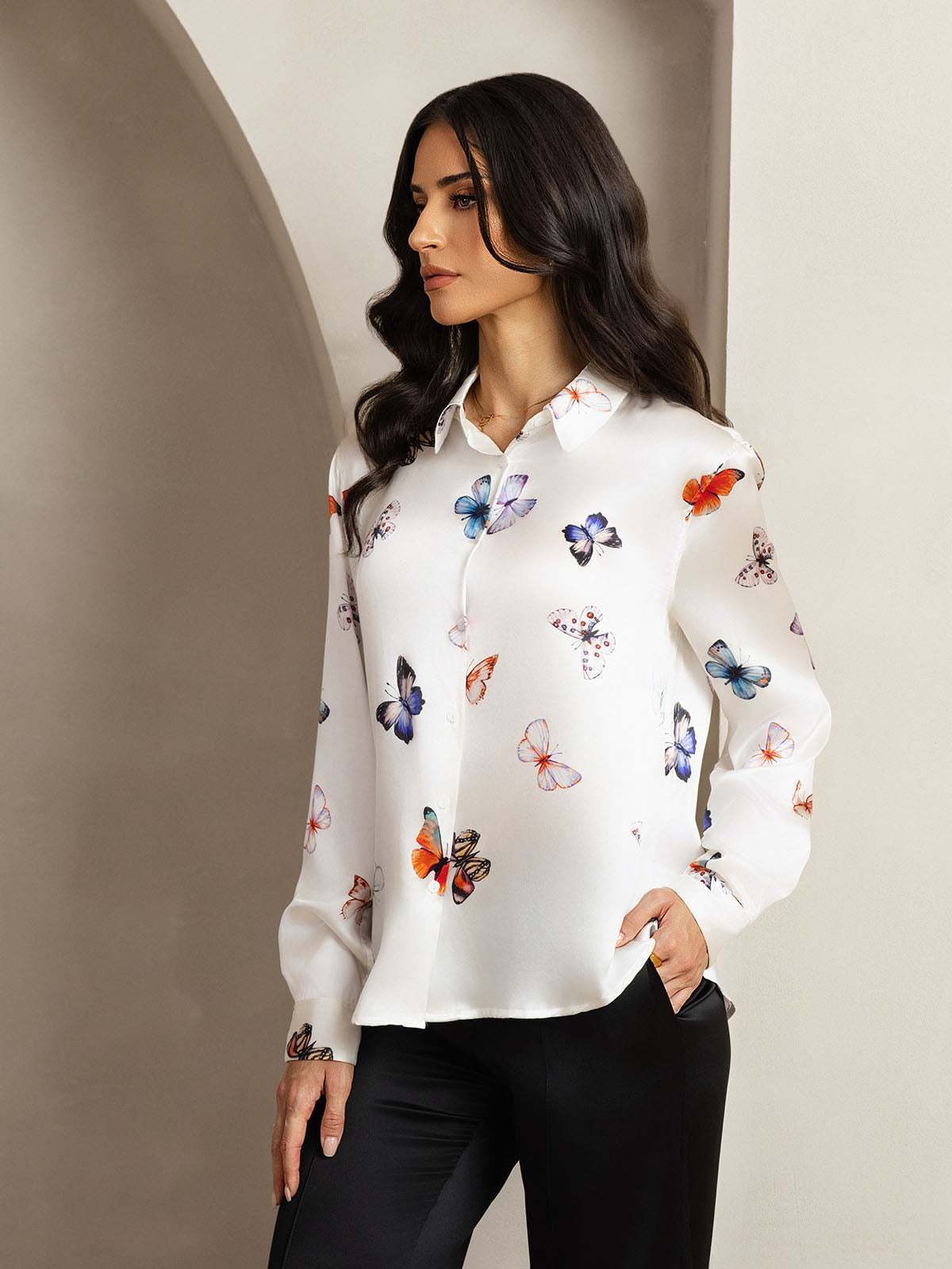 [White Butterfly] SilkSilky-CA Silk Lapel Collar Women's Shirt 005