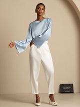 [Grayish Blue] SilkSilky-CA Long Sleeve Boat Neck Blouse 009