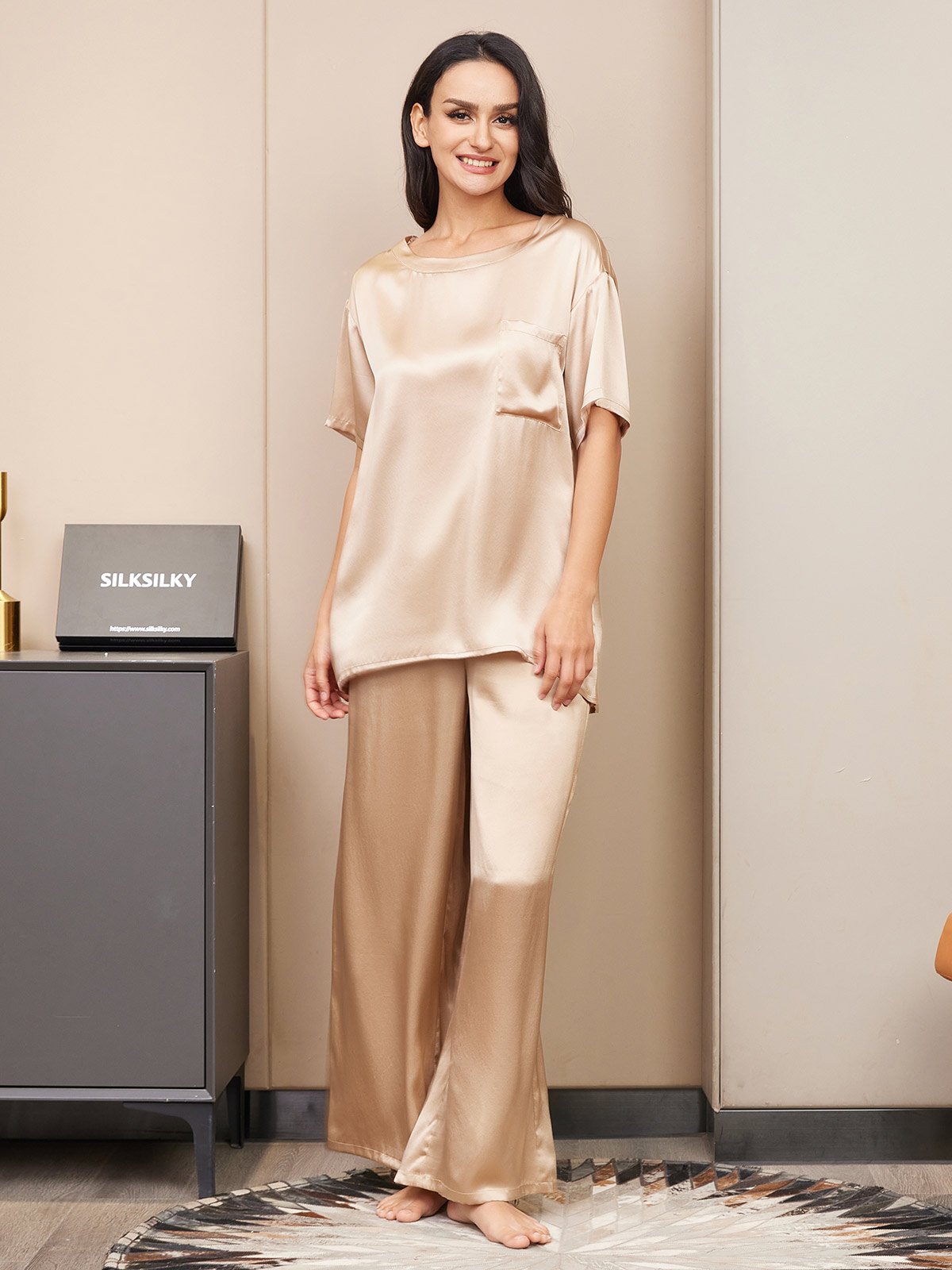 [Champagne] SilkSilky-CA Pure Silk Short Sleeve Womens Pajamas 003