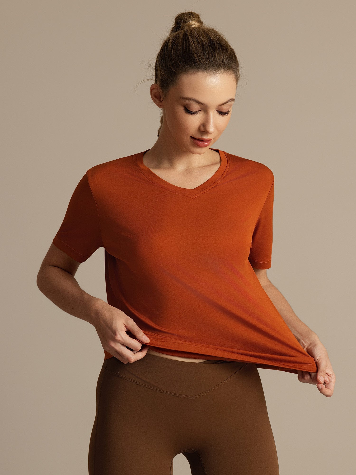 [Orange] SilkSilky-CA 100% High-Twist Silk Jersey Short Sleeve V Neck Women's T-Shirt 003