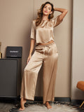 SilkSilky CA Pure Silk Half Sleeve Round Neck Women's Pajamas Champagne 004