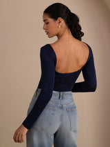 [Dark Blue] SilkSilky-CA Long Sleeve U Neck Women's T-Shirt 002