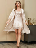 SilkSilky-CA Pure Silk 3/4 Sleeve Nightgown&Robe Set Ivory 001