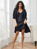 SilkSilky CA Pure Silk 3/4 Sleeve Nightgown&Robe Set Black 003