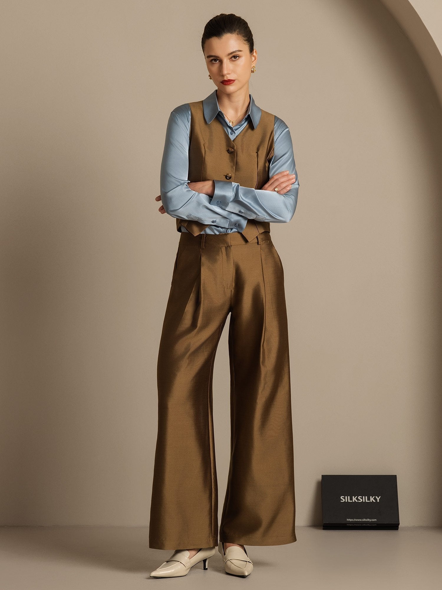 [Bronze] SilkSilky-CA 32Momme Silk-Wool Blend Womens Pants 006,