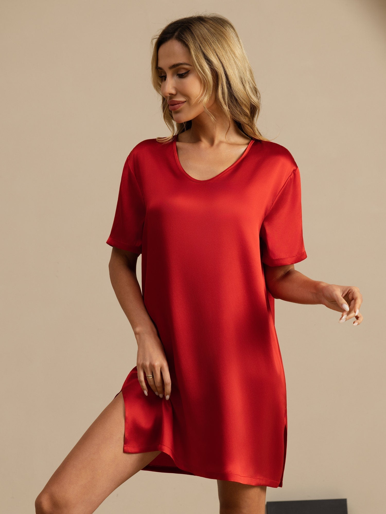 [Wine] SilkSilky-CA Pure Silk Short Sleeve V Neck Nightgown 004