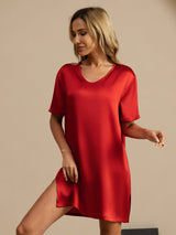 [Wine] SilkSilky-CA Half Sleeve V Neck Nightgown 004