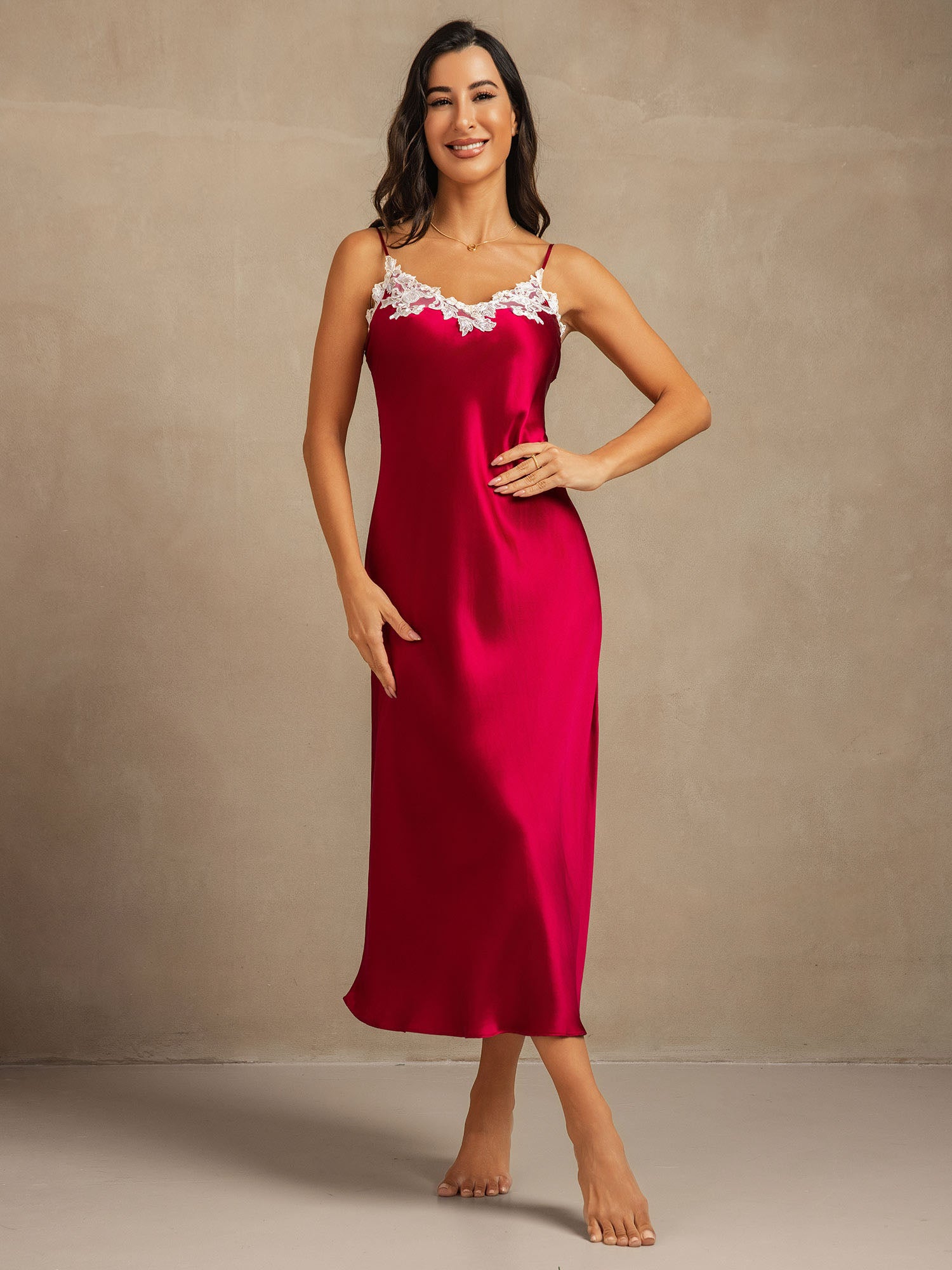 [Wine] SilkSilky-CA 19Momme Pure Silk V Neck Dress 006