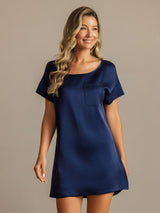 [Dark Blue] SilkSilky-CA 19Momme Machine-Washable Silk Short Sleeve Round Neck Nightgown 003