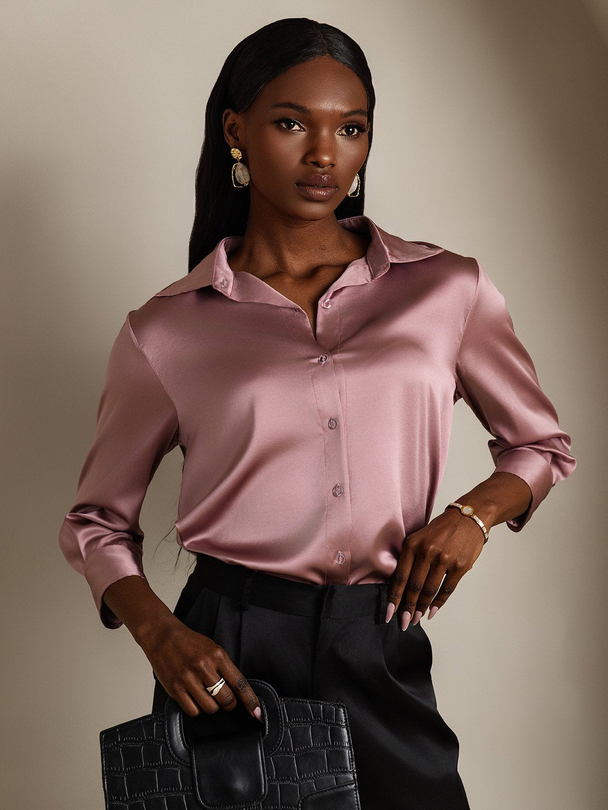 [Pale Mauve] SilkSilky-CA 19Momme Stretch Silk Charmeuse 3/4 Sleeve Lapel Collar Women's Shirt 003
