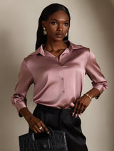 [Pale Mauve] SilkSilky-CA 19Momme Stretch Silk Charmeuse 3/4 Sleeve Lapel Collar Women's Shirt 003