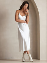 [White] SilkSilky-CA Spaghetti Strap V Neck Dress 004