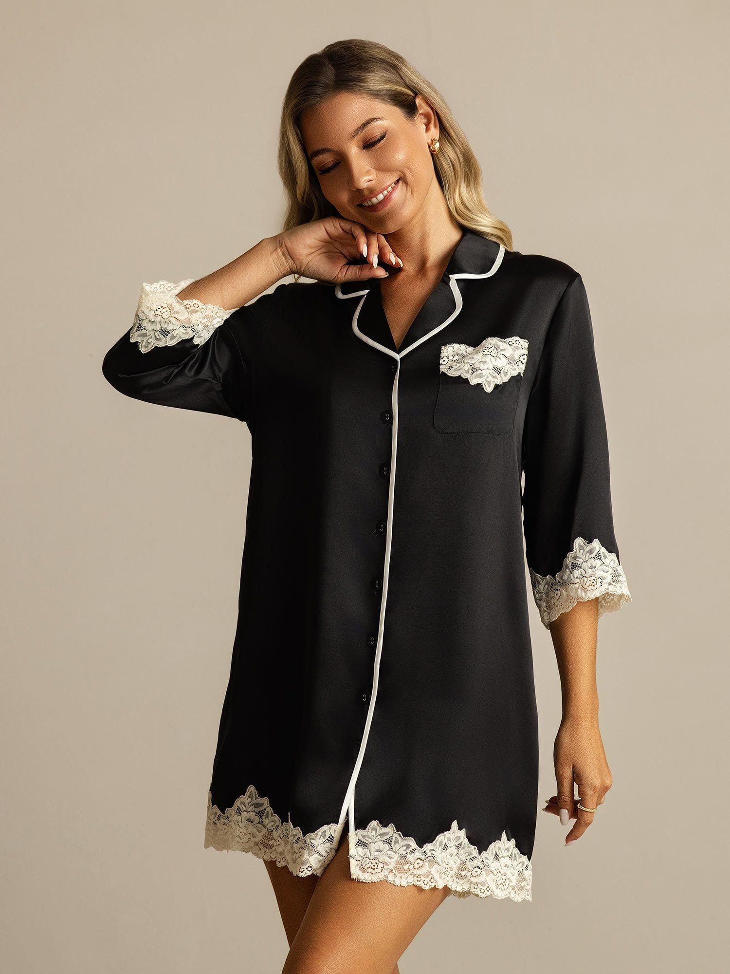 [Black] SilkSilky-CA Pure Silk Lapel Collar Nightshirt 001