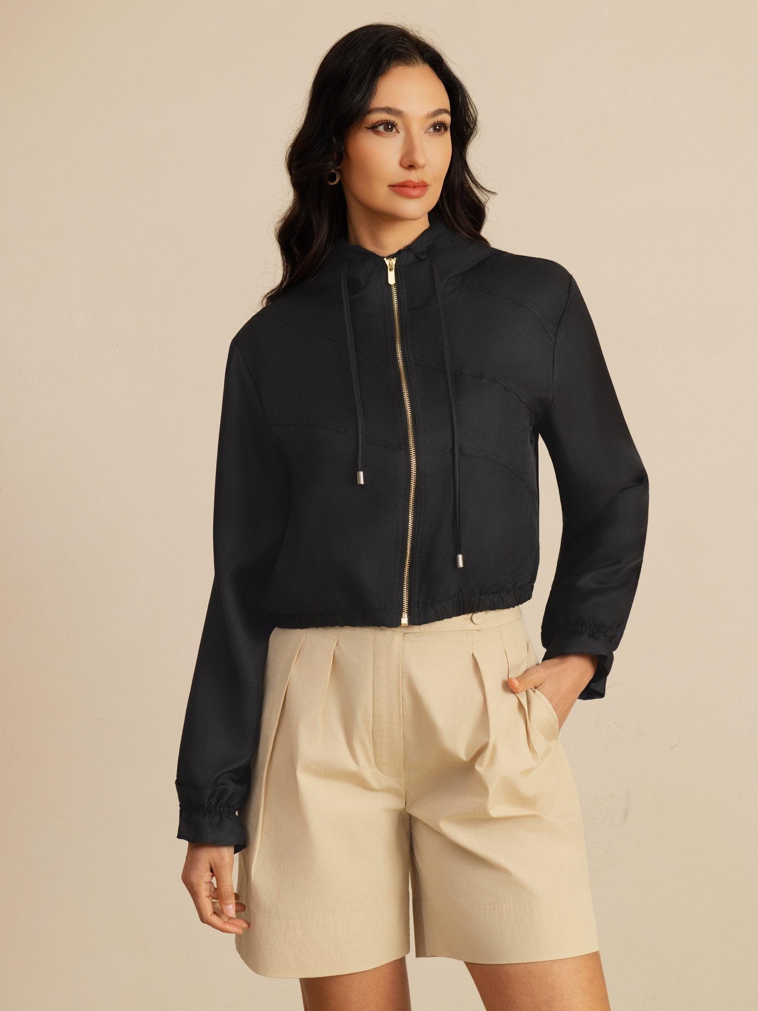 [Black] SilkSilky-CA 18Momme Silk Satin Surah Long Sleeve High Neck Women's Outerwear 005