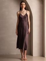 [Coffee] SilkSilky-CA Spaghetti Strap V Neck Dress 003