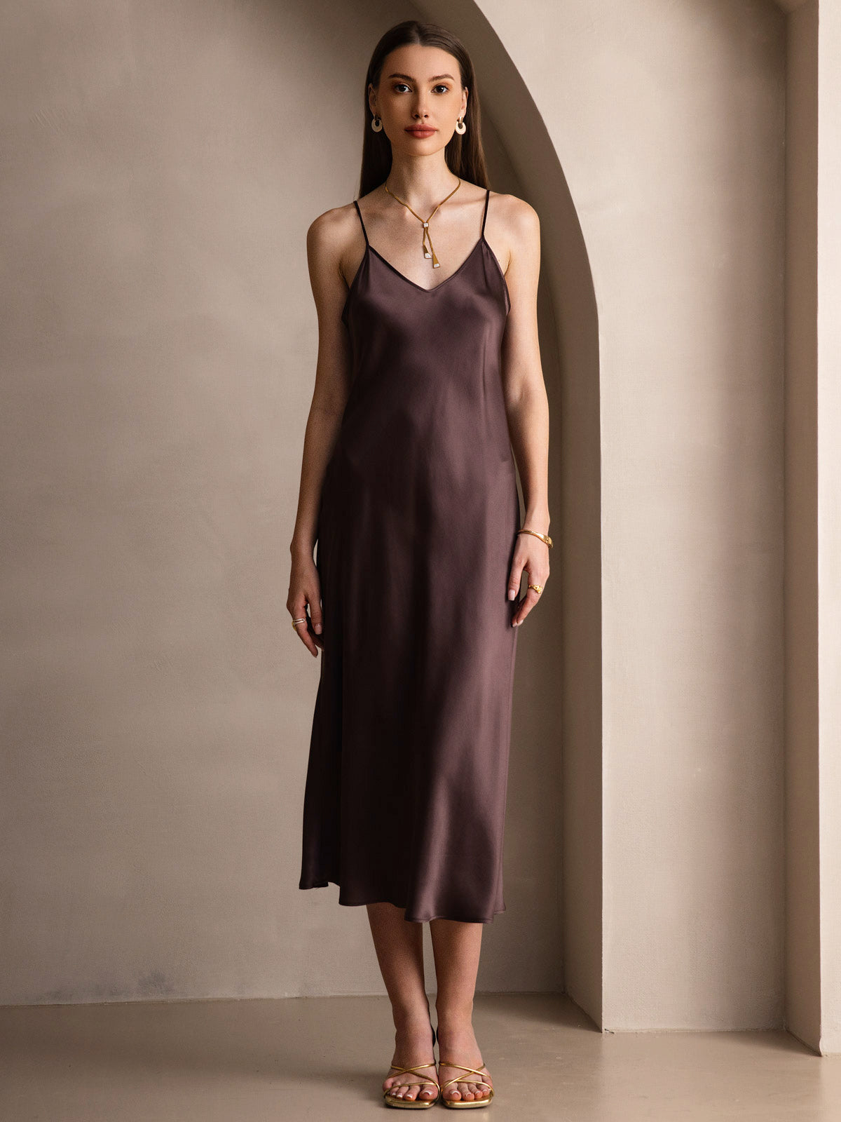 [Coffee] SilkSilky-CA Pure Silk Round Neck Dress 003