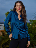 SilkSilky CA Silk Long Sleeve Collar Women's Shirt Teal 006