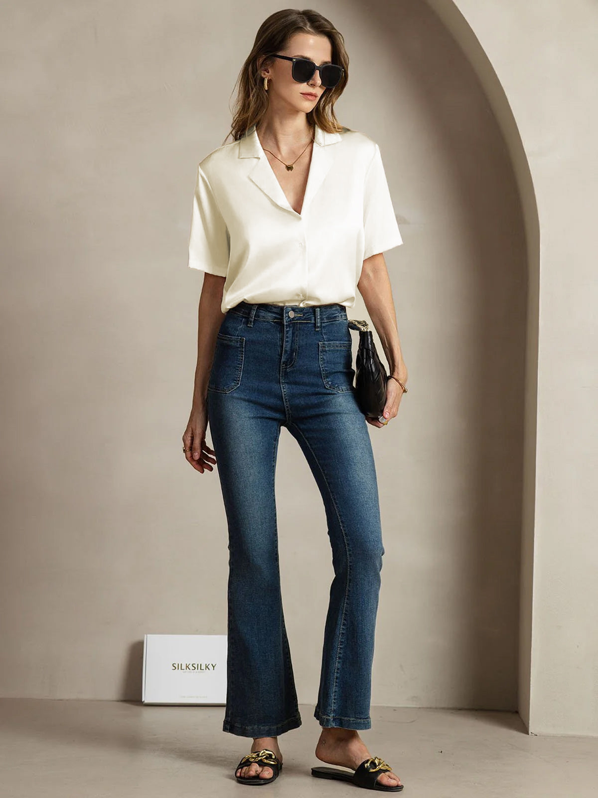[Ivory] SilkSilky-CA 19Momme Silk Notched Neck Women's Shirt 007