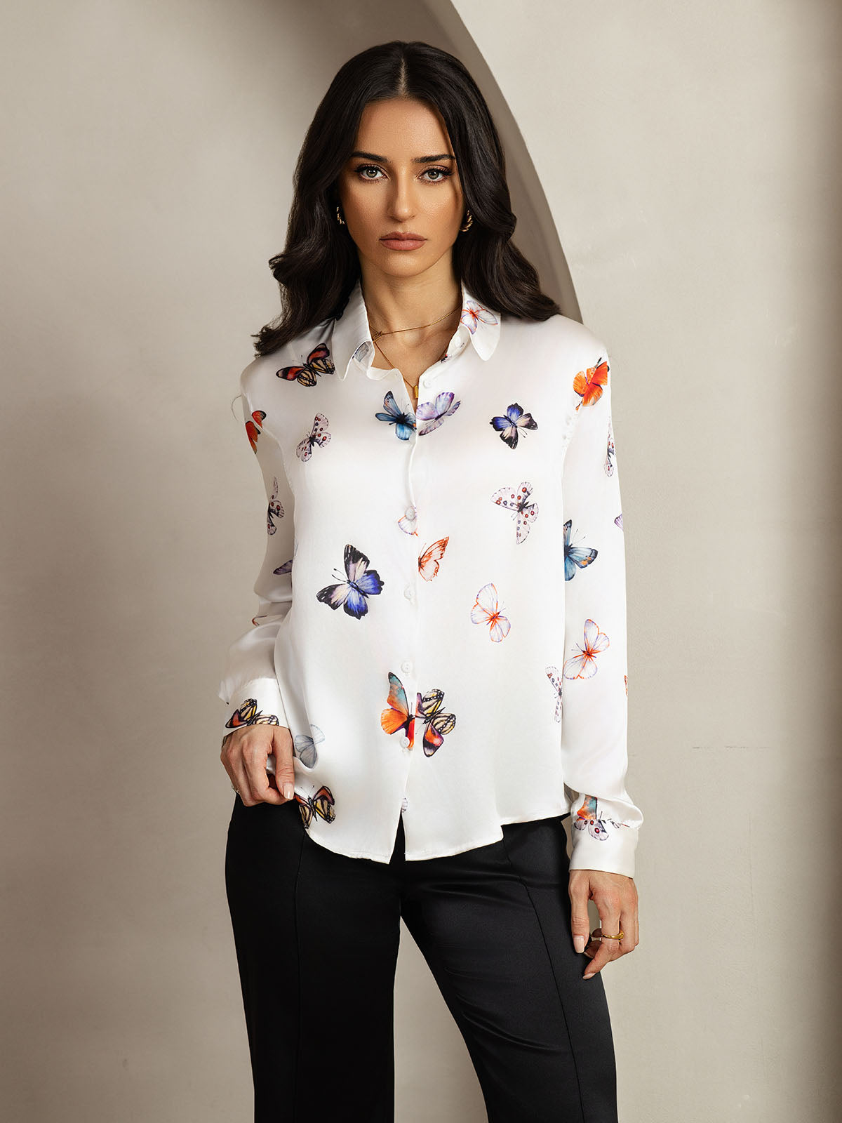 [White Butterfly] SilkSilky-CA Silk Long Sleeve Lapel Collar Women's Shirt 001