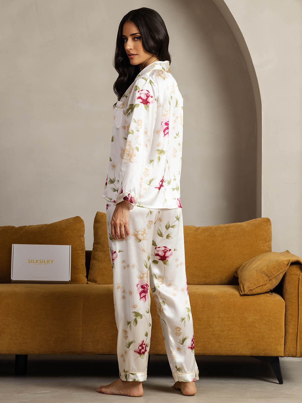 [Ivory Floral] SilkSilky-CA Pure Silk Womens Pajamas 002