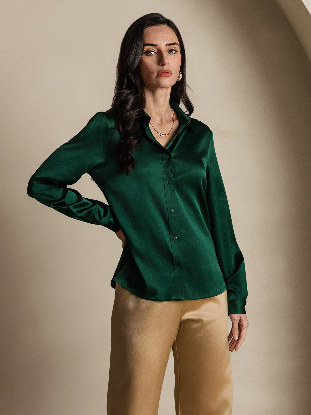 SilkSilky-CA 19Momme Silk Long Sleeve Collar Women's Shirt DarkGreen 001