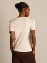 [Beige] SilkSilky-CA 100% Silk Jersey Short Sleeve Round Neck Women's T-Shirt 002