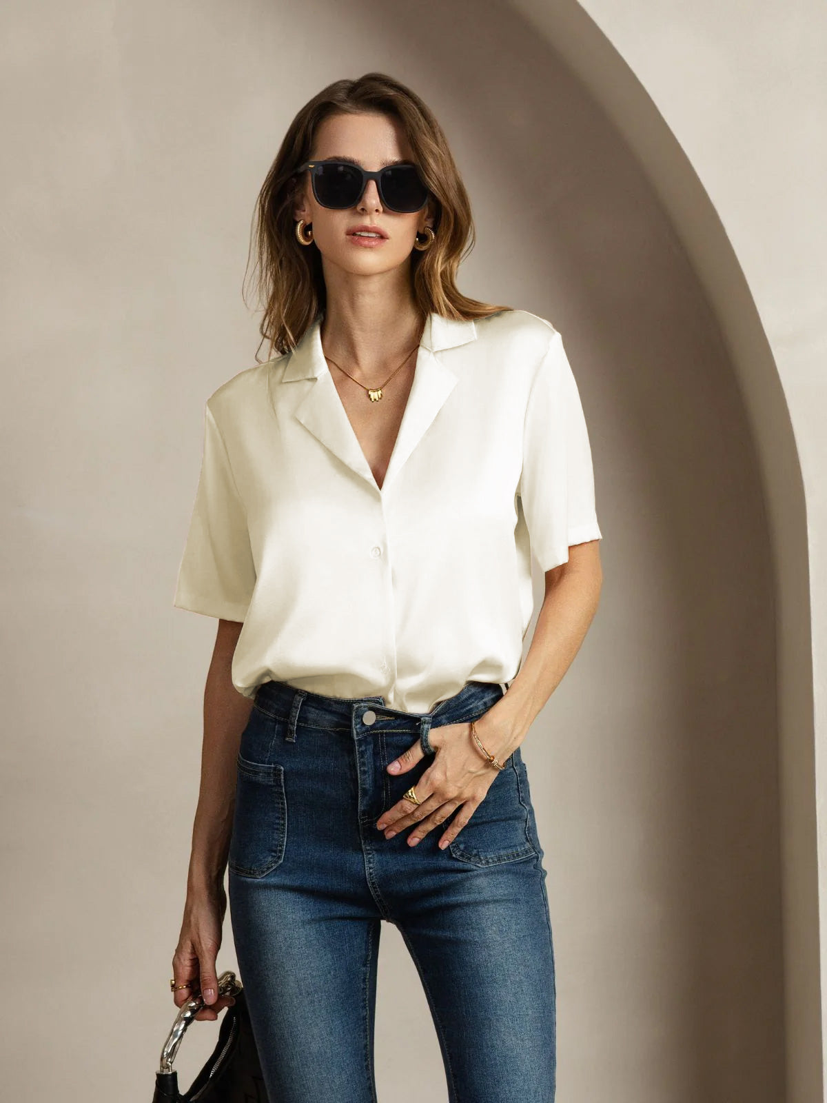 [Ivory] SilkSilky-CA 19Momme Silk Notched Neck Women's Shirt 005