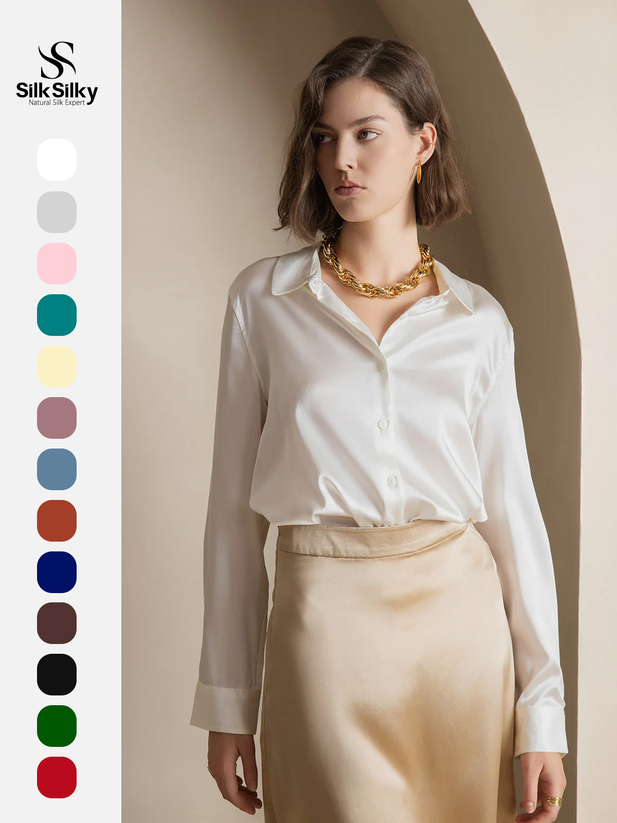 [White] SilkSilky-CA Silk Long Sleeve Lapel Collar Women's Shirt 001