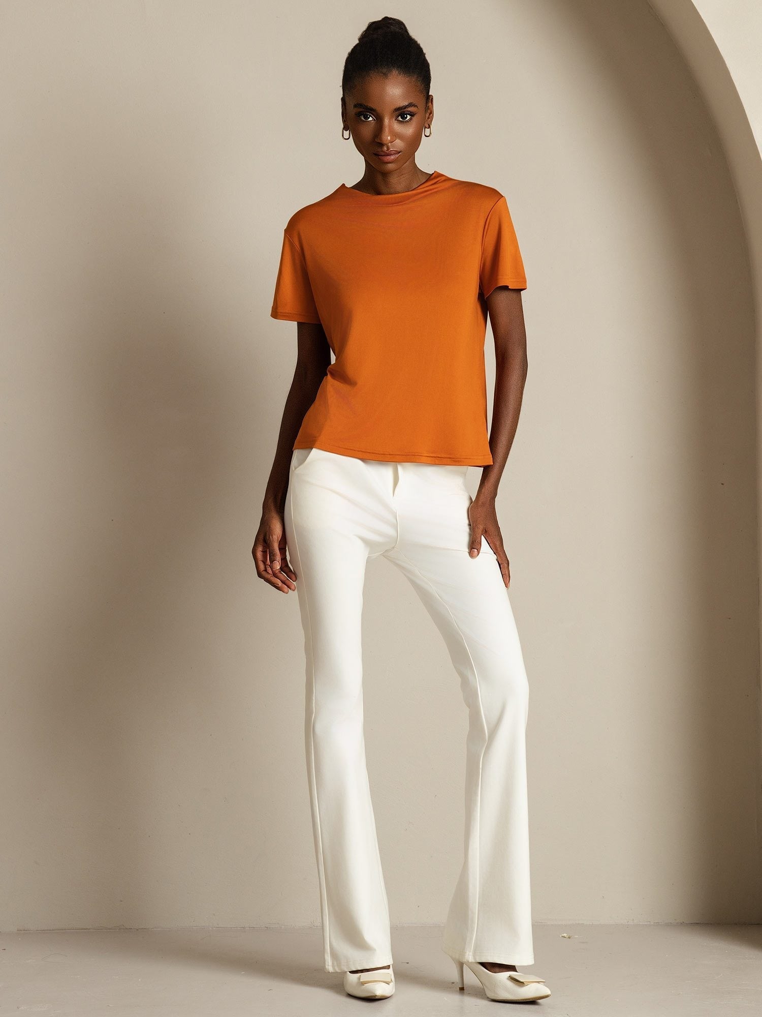 [Orange] SilkSilky-CA Pure Silk Collar Women's T-Shirt 007