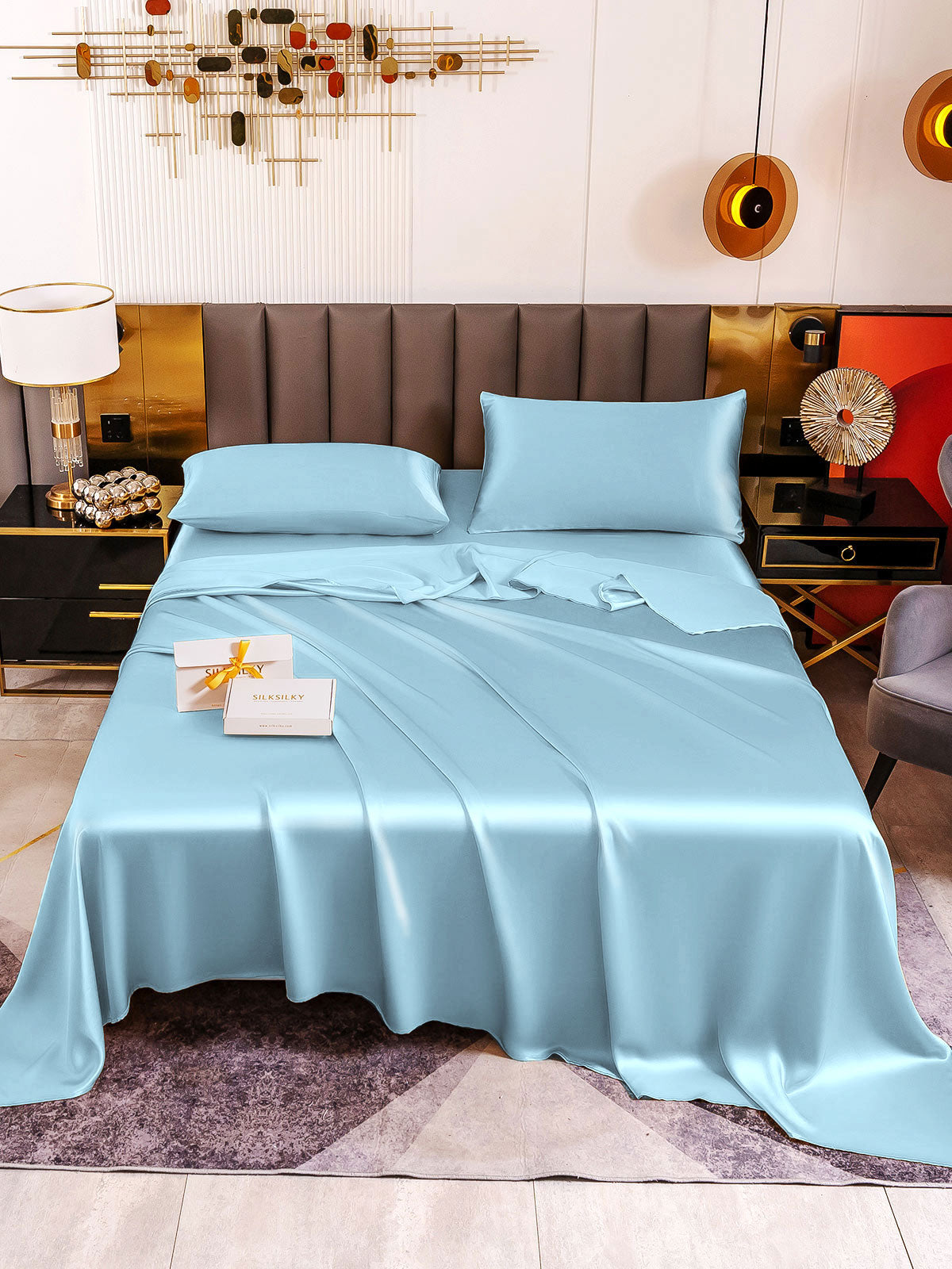 [Light Blue] SilkSilky-CA 19Momme Pure Silk Bedding Set 002