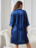 SilkSilky CA Pure Silk 3/4 Sleeve Nightgown&Robe Set DarkBlue 002