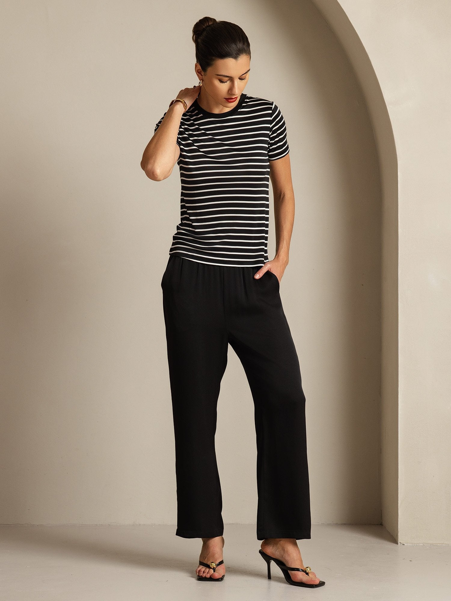 [BlackStripe] SilkSilky-CA Pure Silk Round Neck Women's T-Shirt 007