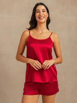 [Wine] SilkSilky-CA 19Momme Machine-Washable Silk Spaghetti Strap Round Neck Camisole Set 003