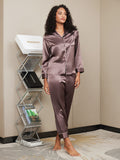 SilkSilky-CA Pure Silk Long Sleeve Lapel Women's Pajamas Coffee 005