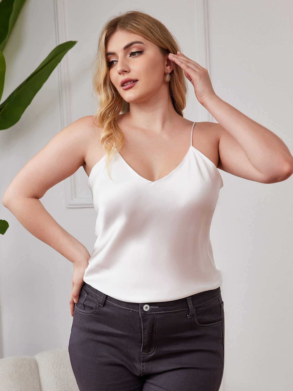 SilkSilky-CA Pure Silk Deep V Neck Plus Size Camisole Top White 003