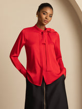 [Wine] SilkSilky-CA 19Momme Stretch Silk Charmeuse Long Sleeve Tie Neck Blouse 003