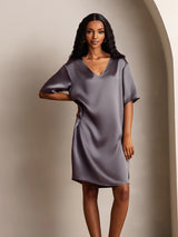 [Purple Gray] SilkSilky-CA Half Sleeve V Neck Nightgown 005