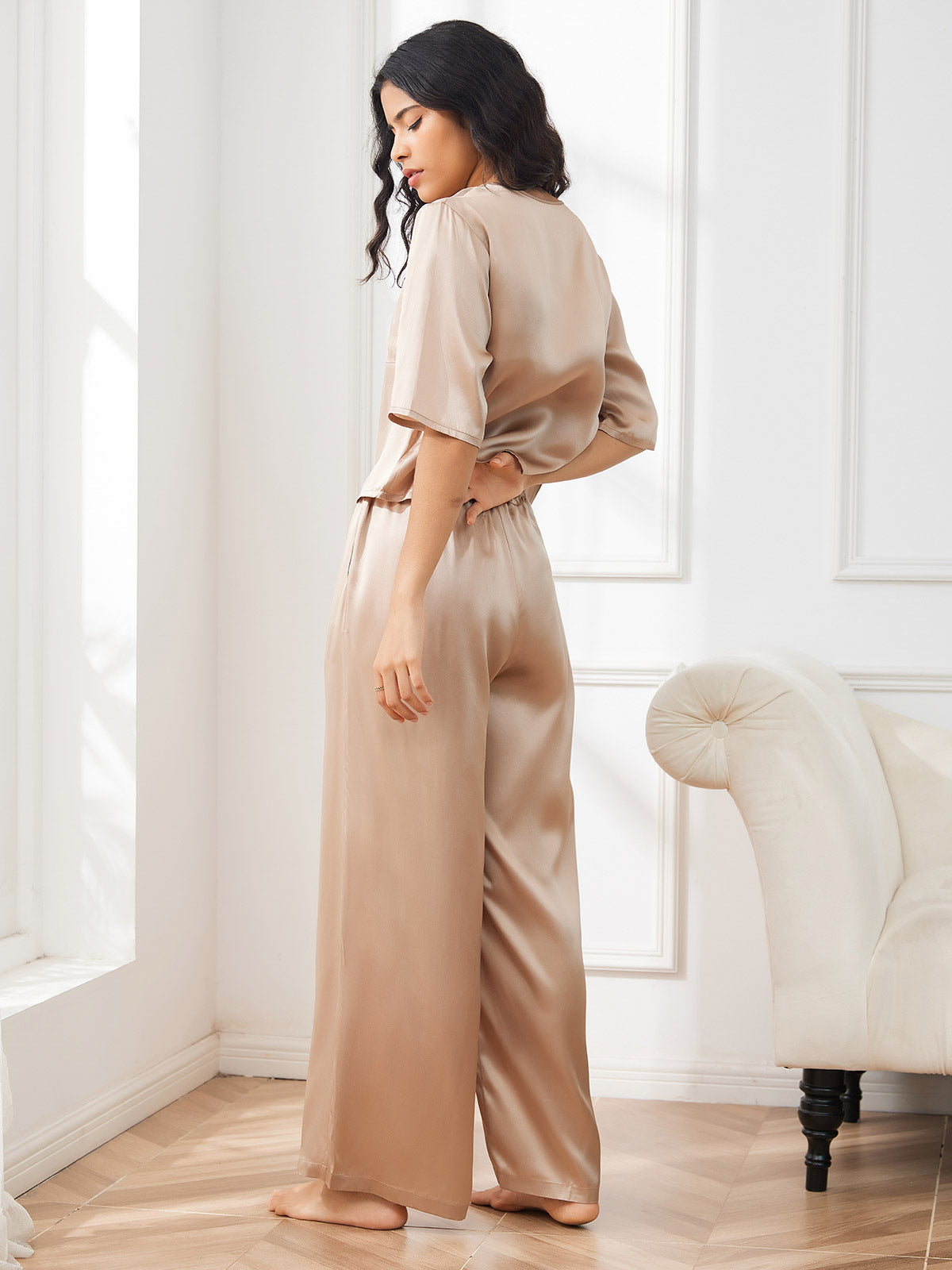 [Champagne] SilkSilky-CA Half Sleeve Round Neck Women's Pajamas 002