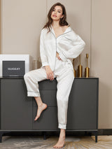[White] SilkSilky-CA Long Sleeve Lapel Collar Women's Pajamas 001