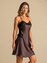 [Dark Brown] SilkSilky-CA Spaghetti Strap V Neck Nightgown 003