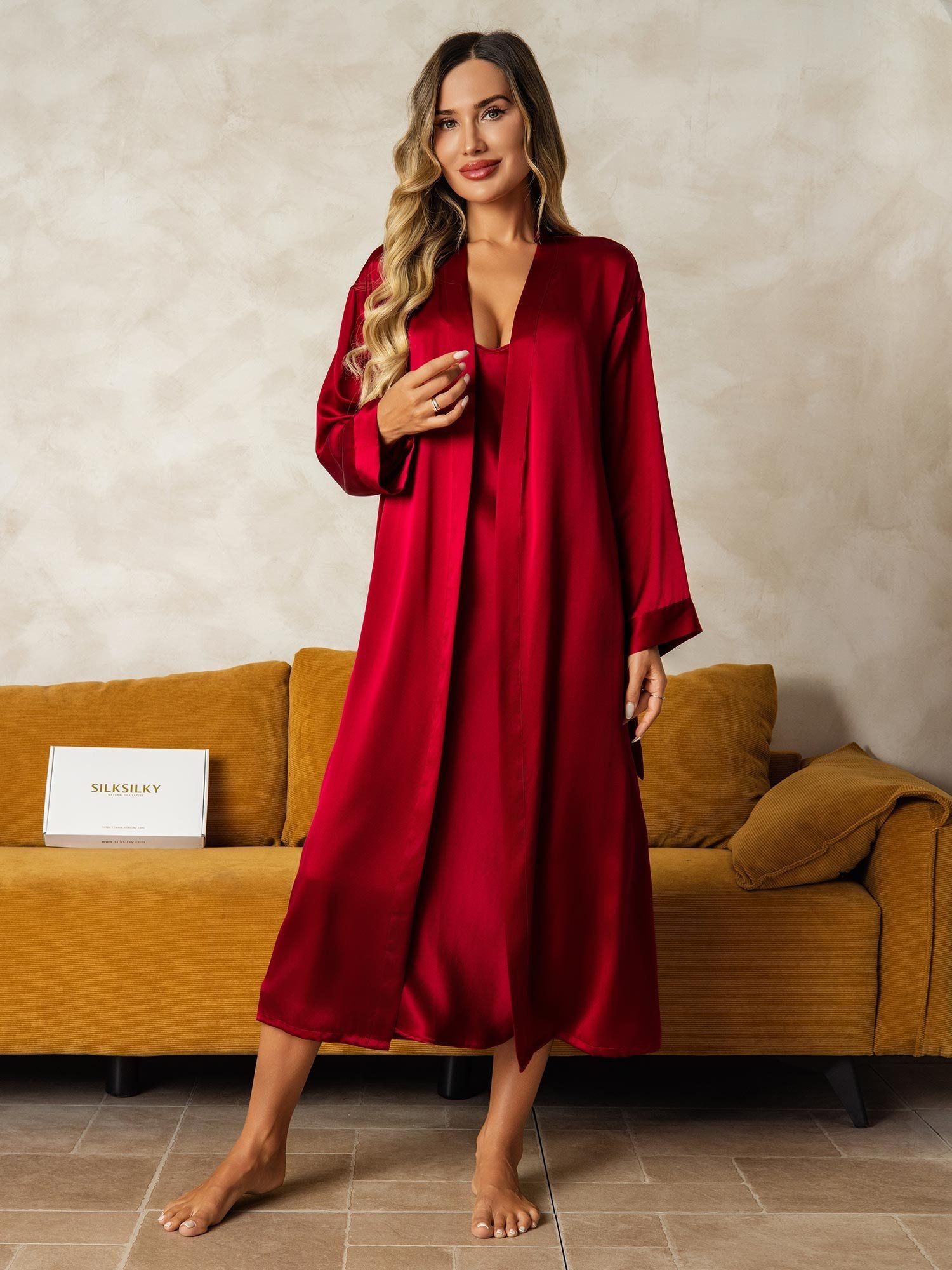[Wine] SilkSilky-CA Pure Silk V Neck Nightgown&Robe Set 006