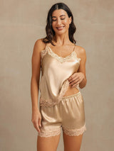 [Champagne] SilkSilky-CA Spaghetti Strap V Neck Camisole Set 001