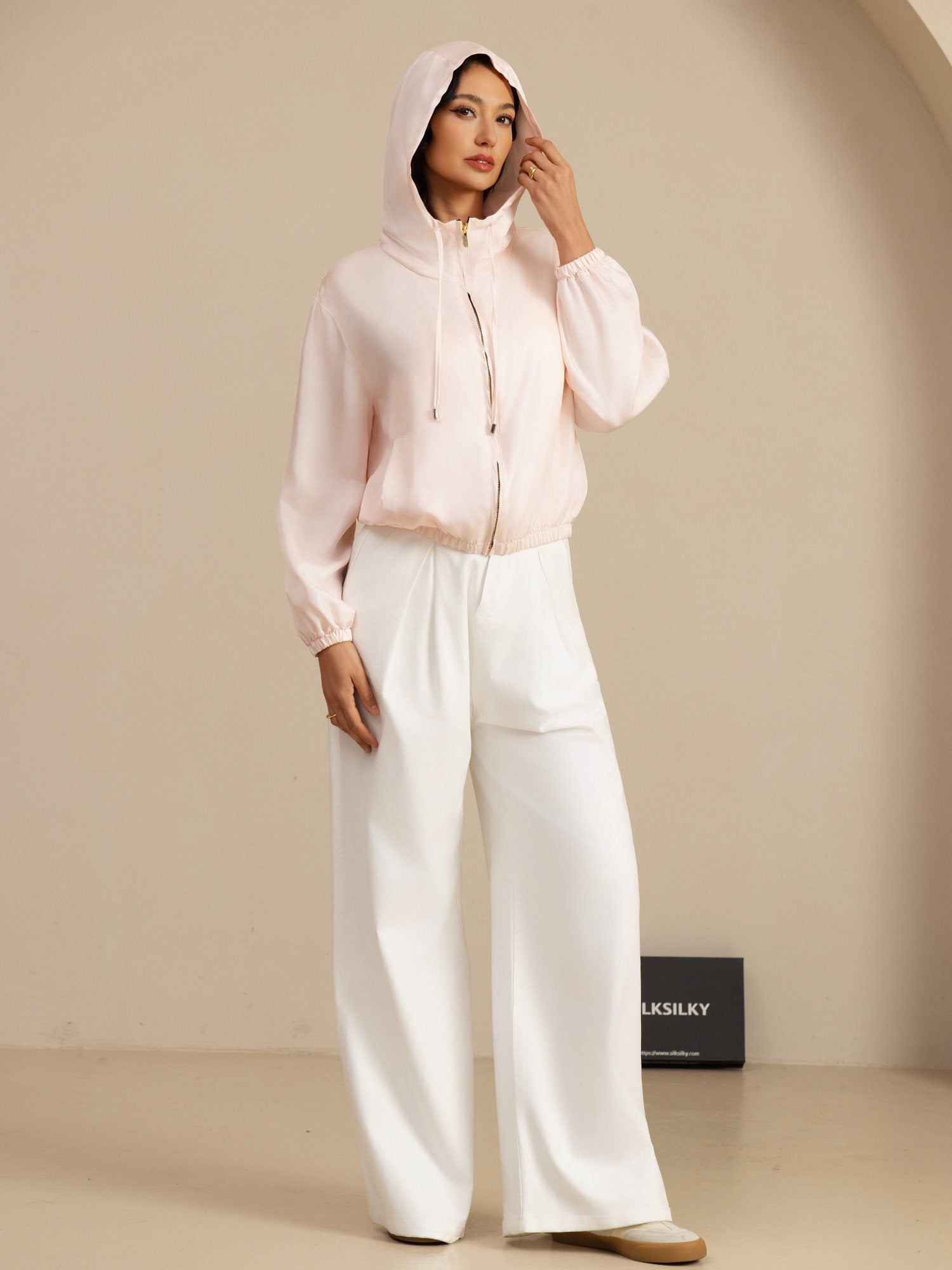 [Pink] SilkSilky-CA 18Momme Silk Satin Surah Long Sleeve Stand Collar Women's Outerwear 007