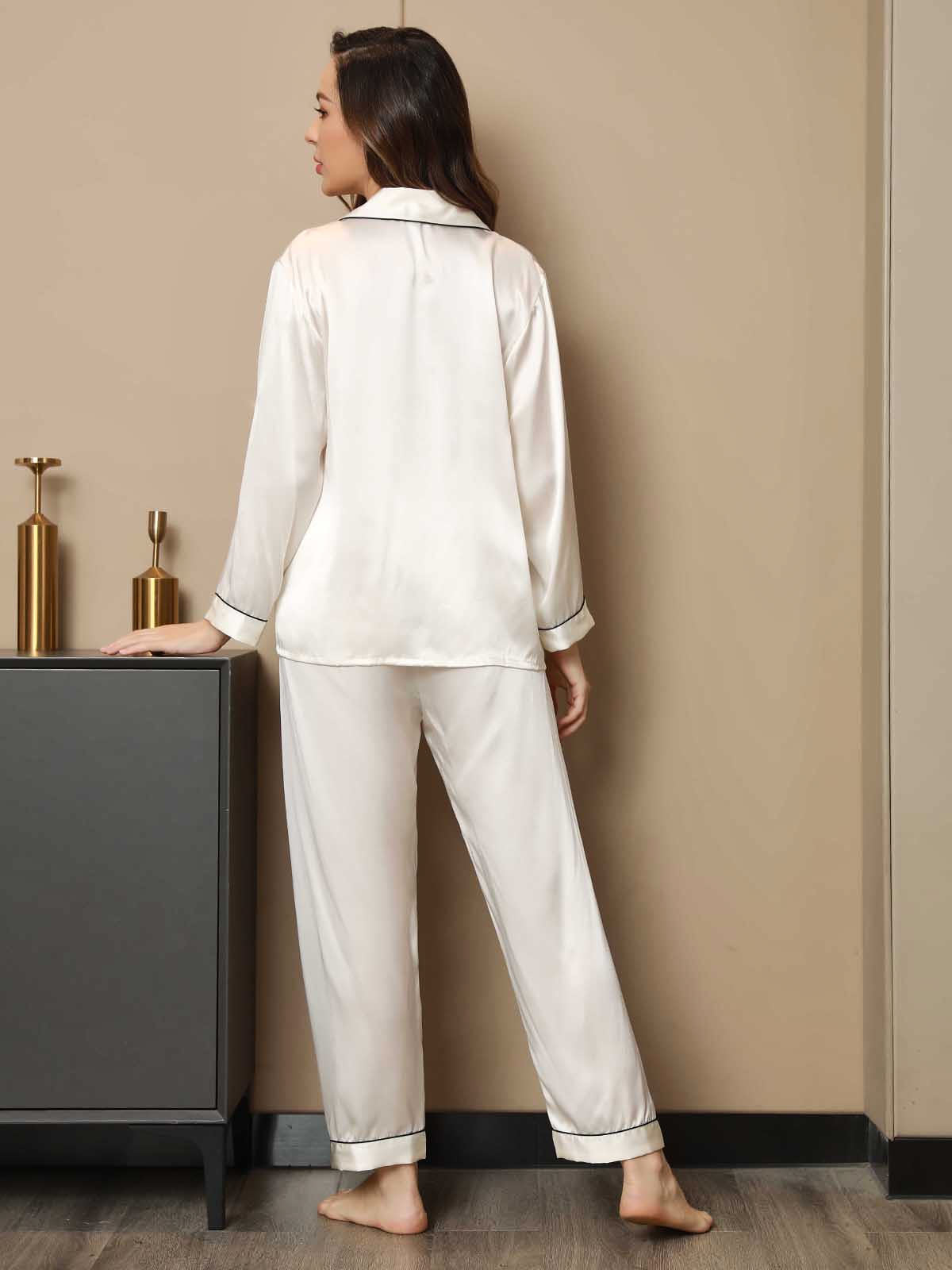 SilkSilky CA Pure Silk Long Sleeve Lapel Women's Pajamas White 002