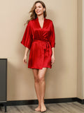 SilkSilky CA Pure Silk 3/4 Sleeve Nightgown&Robe Set Red 003