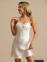 [White] SilkSilky-CA Spaghetti Strap V Neck Nightgown 006